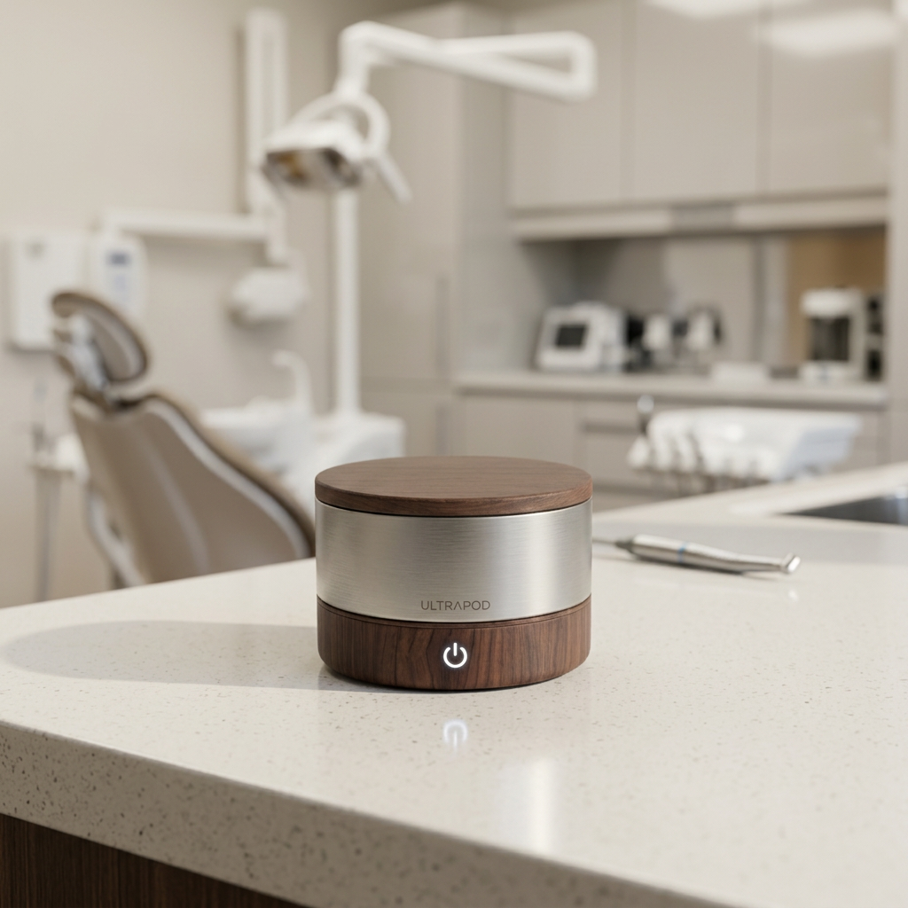 Ultrapod on a dental office countertop with a treatment chair and exam light softly out of focus behind it