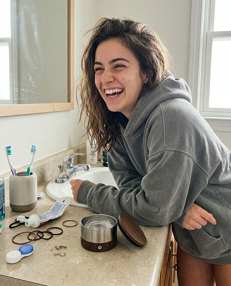 Maya laughing in her hoodie at a cluttered bathroom counter, Ultrapod open beside her with a clear Invisalign tray inside