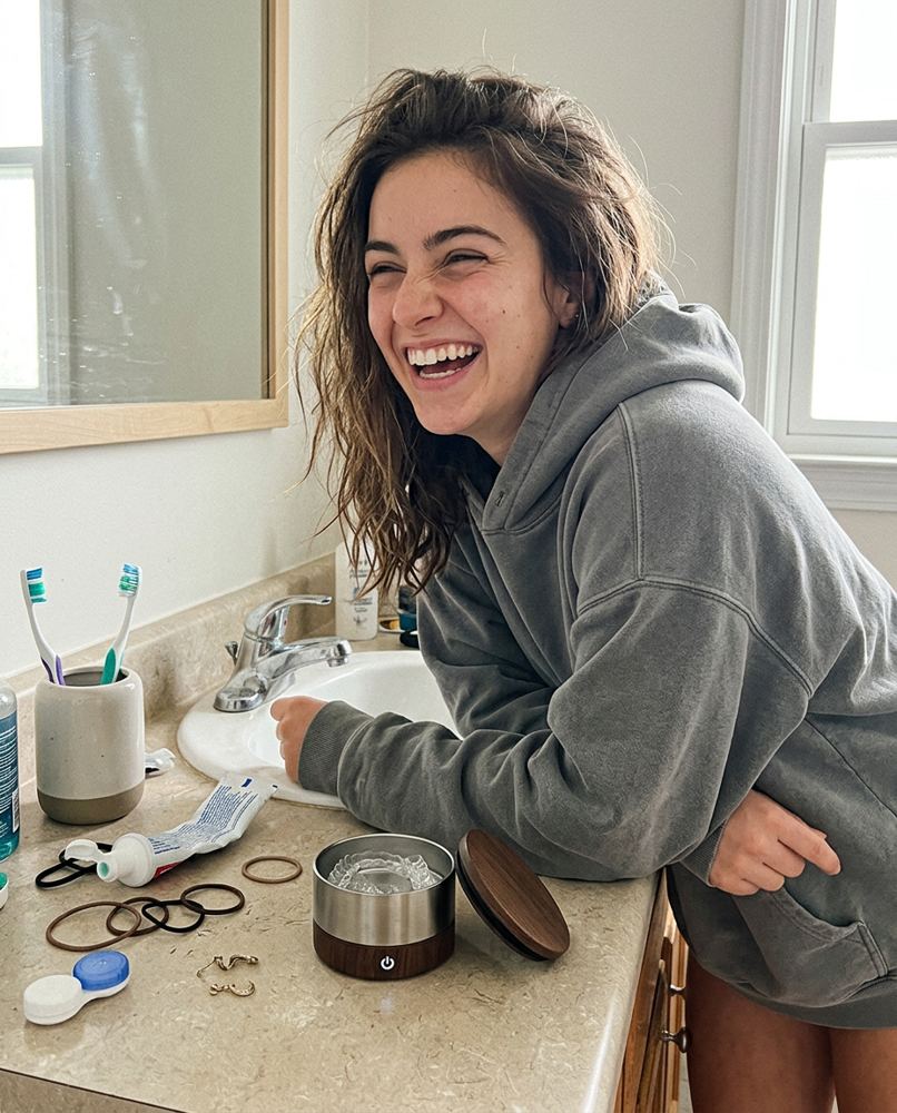 Maya laughing in her hoodie at a cluttered bathroom counter, Ultrapod open beside her with a clear Invisalign tray inside